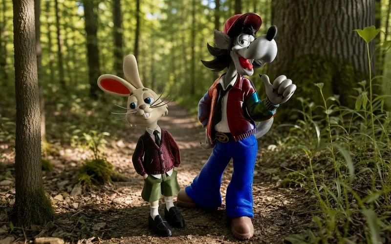 Die gestalteten Figuren Hase und Wolf auf einem Waldweg